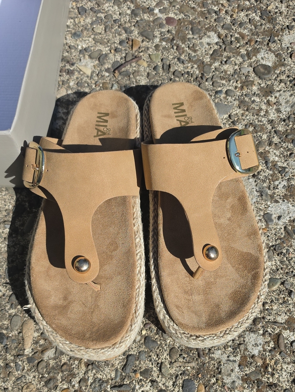 MIA Tan Espadrille Thong Sandals with Gold Buckles